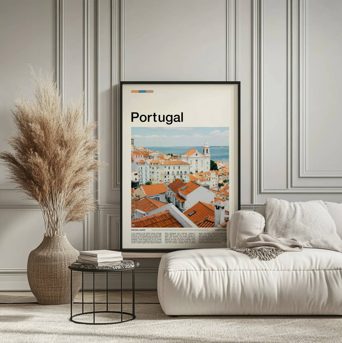 Portugal White Houses And Rooftops Travel Print framed on the wall of a calm, neutral bedroom
