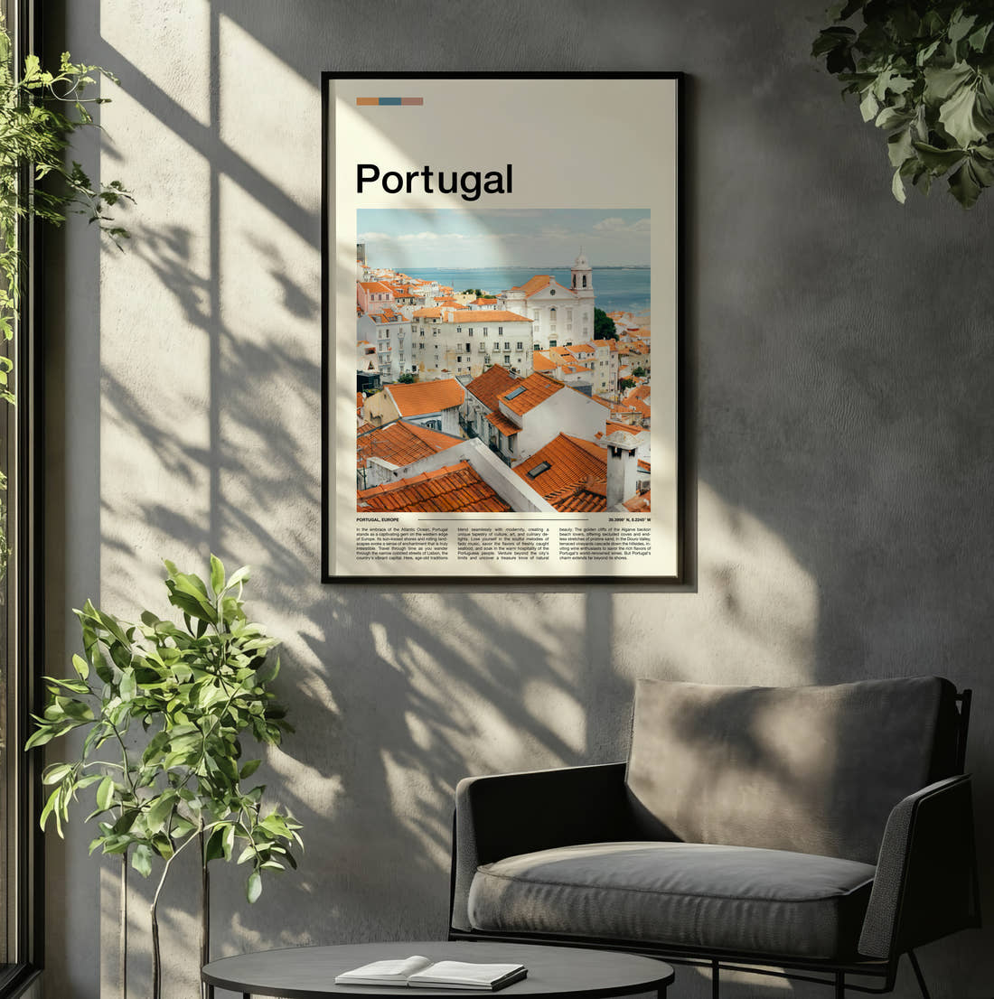 Portugal White Houses And Rooftops Travel Print framed on the wall of a relaxed living room