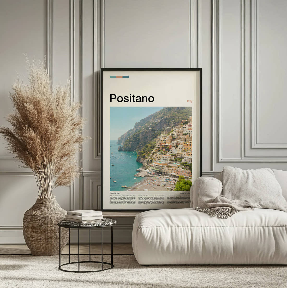 Positano Cliffside Town Travel Print framed on the wall of a calm, neutral bedroom