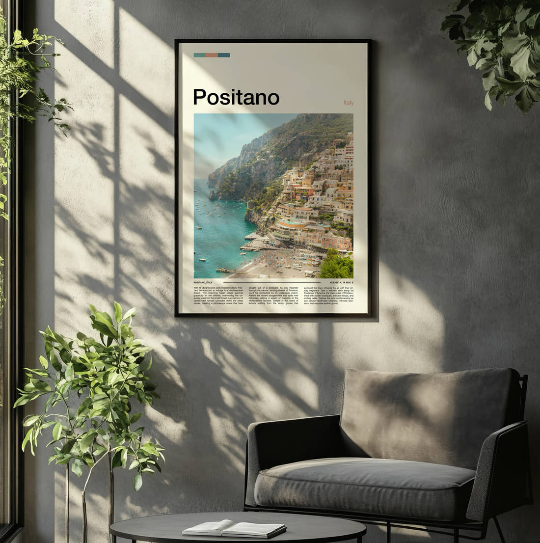 Positano Cliffside Town Travel Print framed on the wall of a relaxed living room