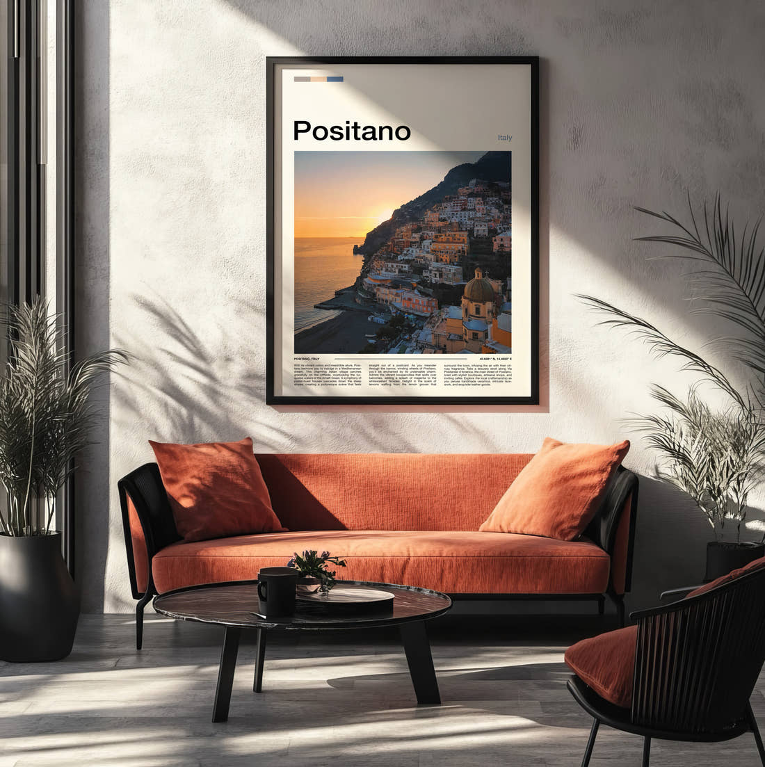 Positano Cliffside Town At Sunset Travel Print framed on the wall of a modern living room