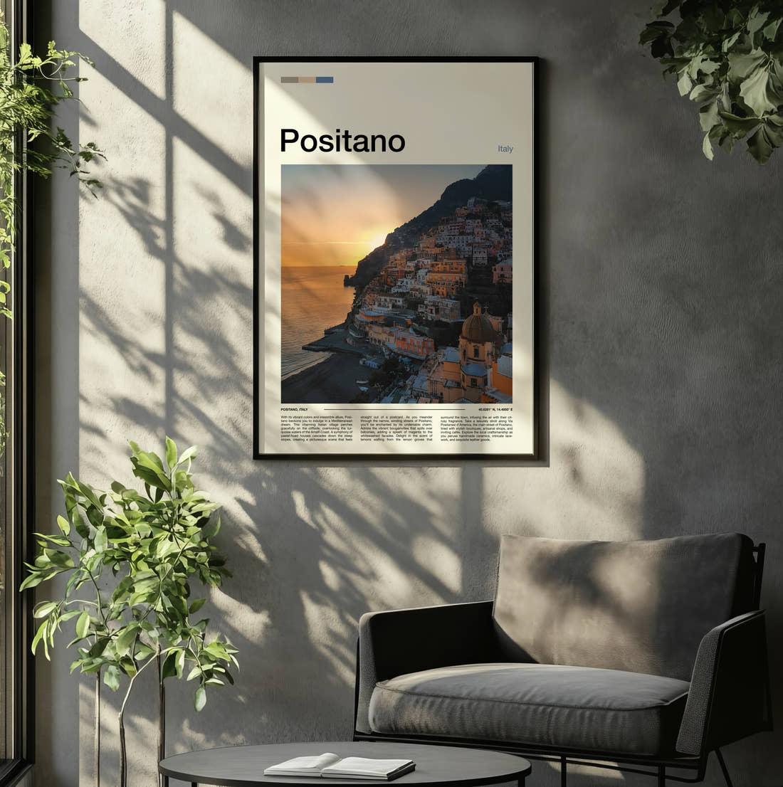 Positano Cliffside Town At Sunset Travel Print framed on the wall of a relaxed living room