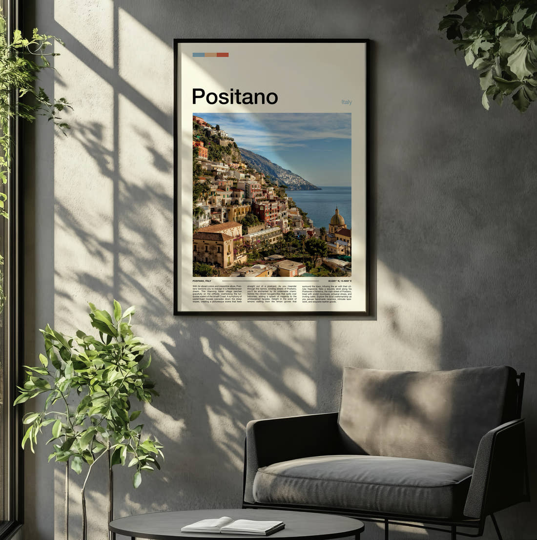 Positano Hillside Town And Sea Travel Print framed on the wall of a relaxed living room