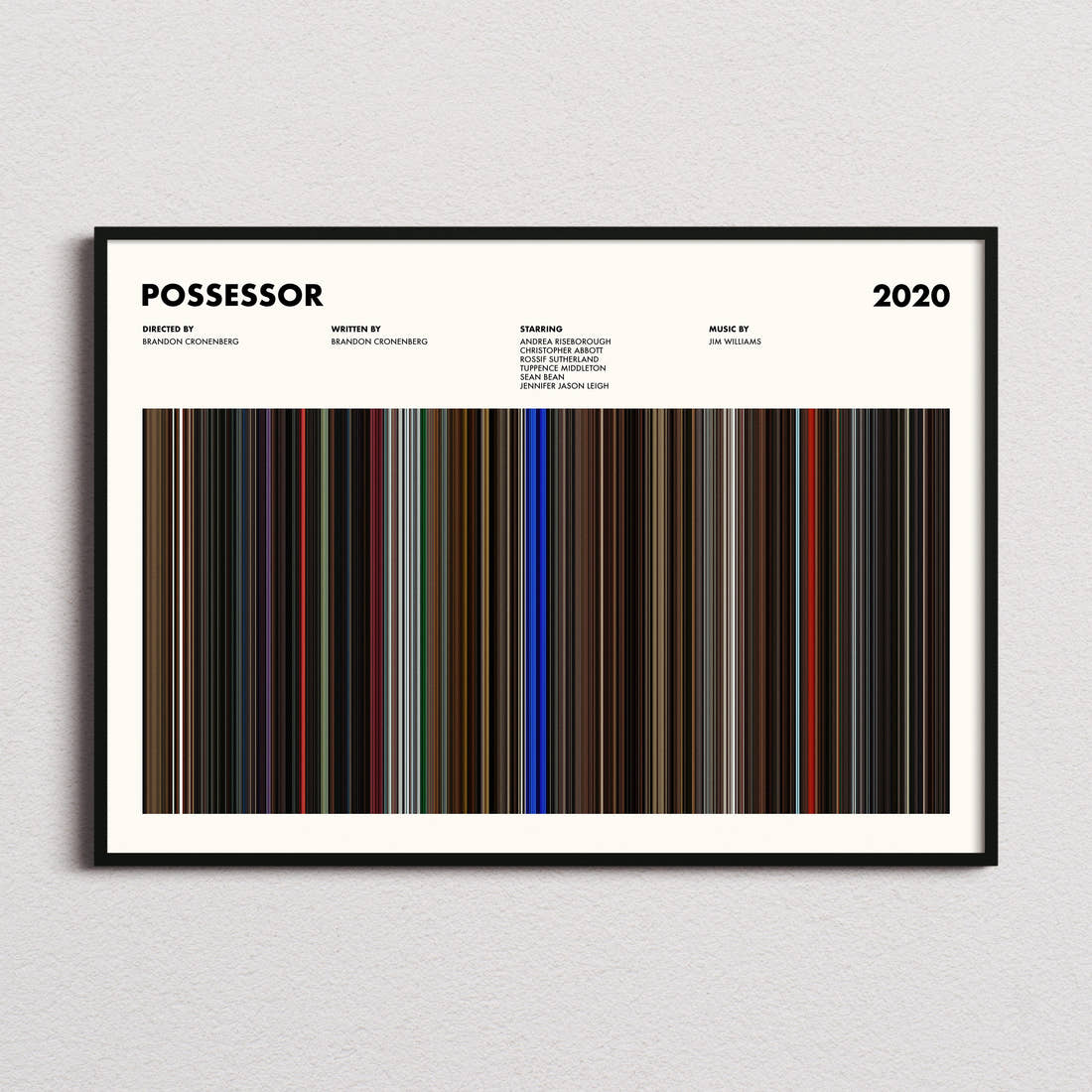 Possessor Movie Barcode Poster framed and photographed straight on