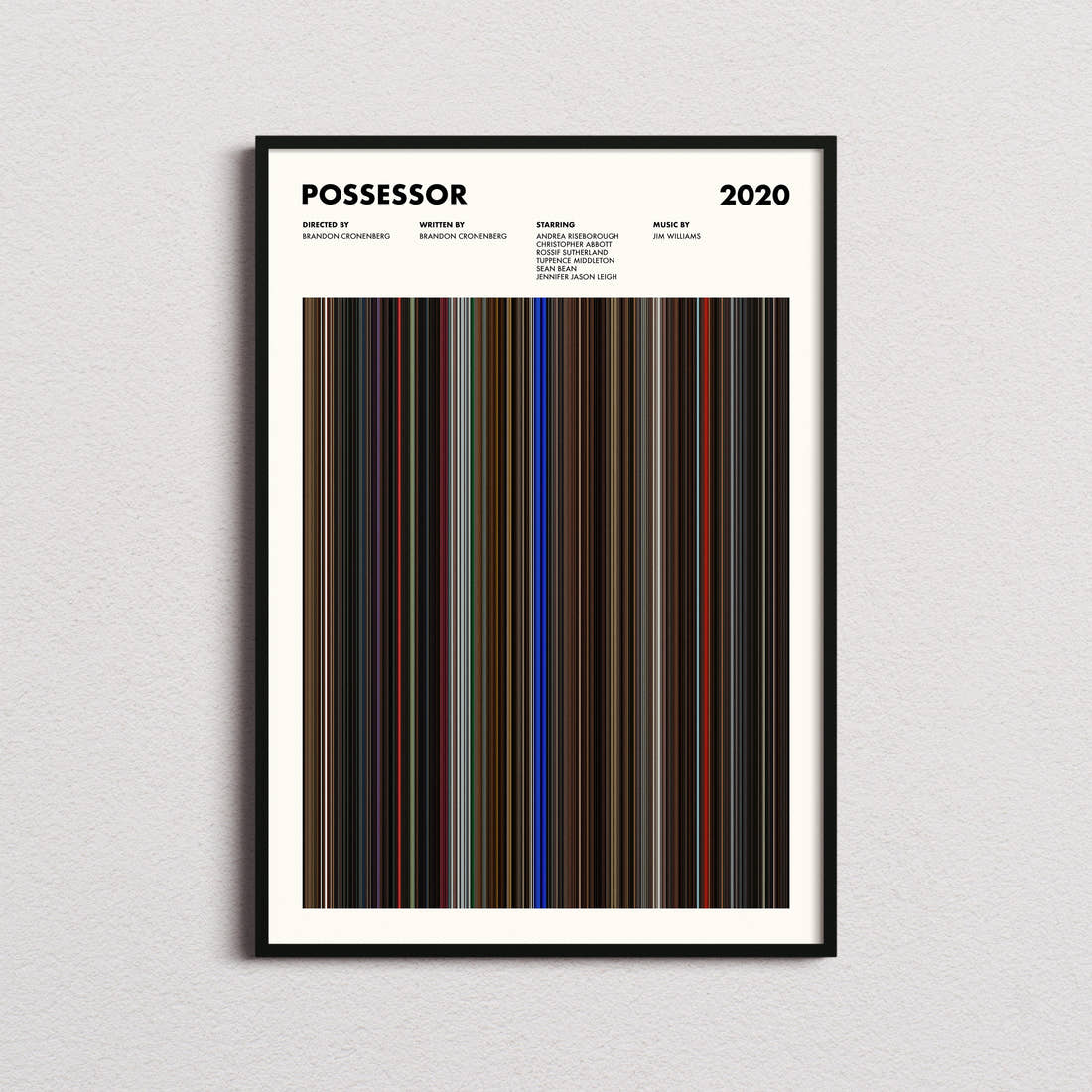 Possessor Movie Barcode Poster framed on a plain studio wall