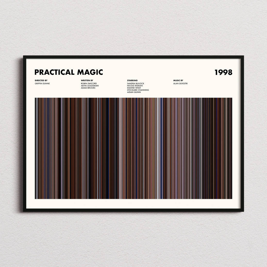 Practical Magic Movie Barcode Poster framed and photographed straight on