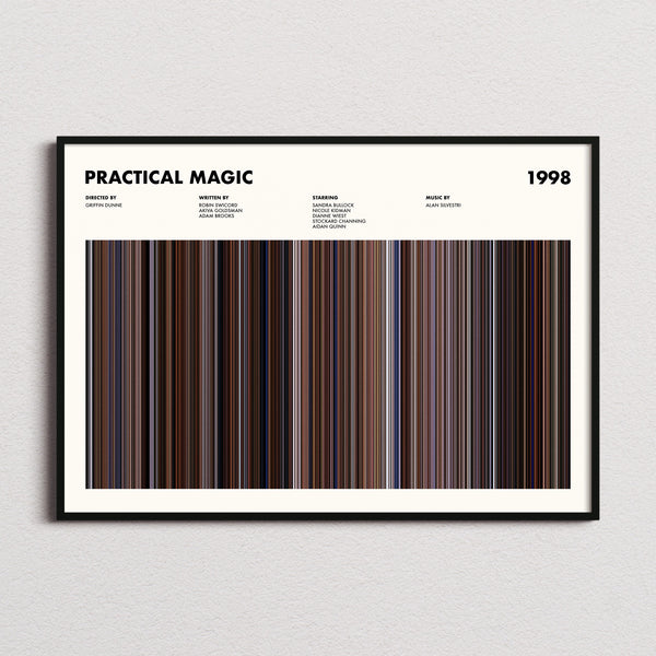 Practical Magic Movie Barcode Poster framed and photographed straight on