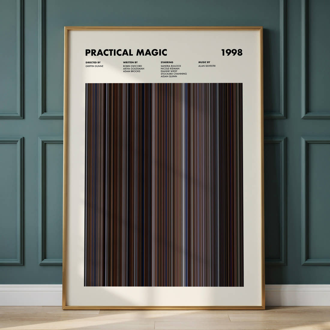 Practical Magic Movie Barcode Poster framed and leaning against a panelled wall