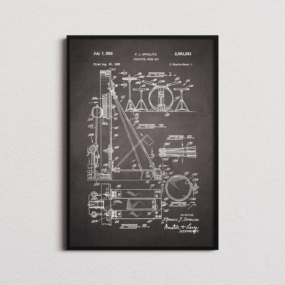 Practice Drum Set Patent Print in the blackboard colourway, framed