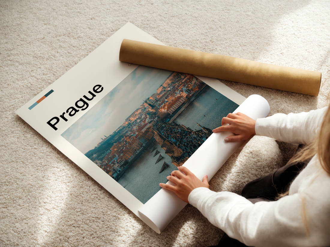 Prague Charles Bridge Travel Print being unrolled from its postal tube