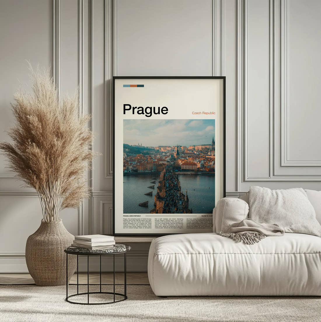 Prague Charles Bridge Travel Print framed on the wall of a calm, neutral bedroom