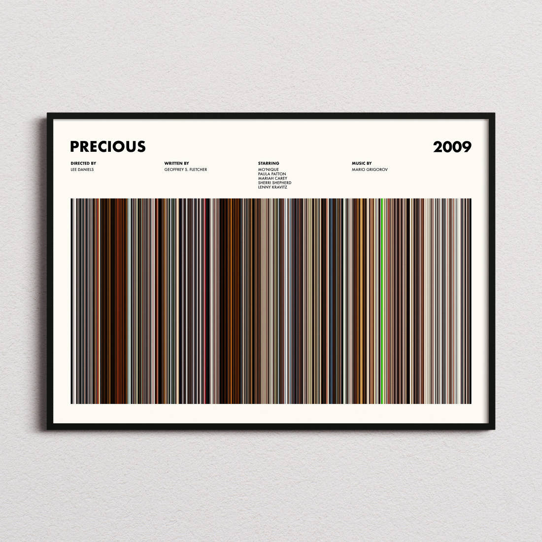 Precious Movie Barcode Poster framed and photographed straight on