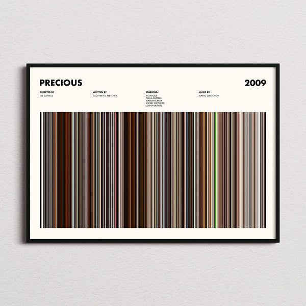 Precious Movie Barcode Poster framed and photographed straight on
