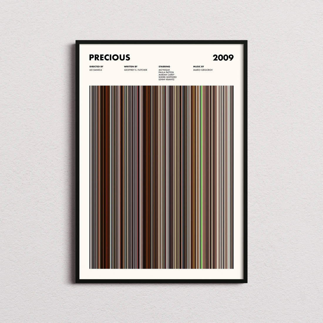 Precious Movie Barcode Poster framed on a plain studio wall