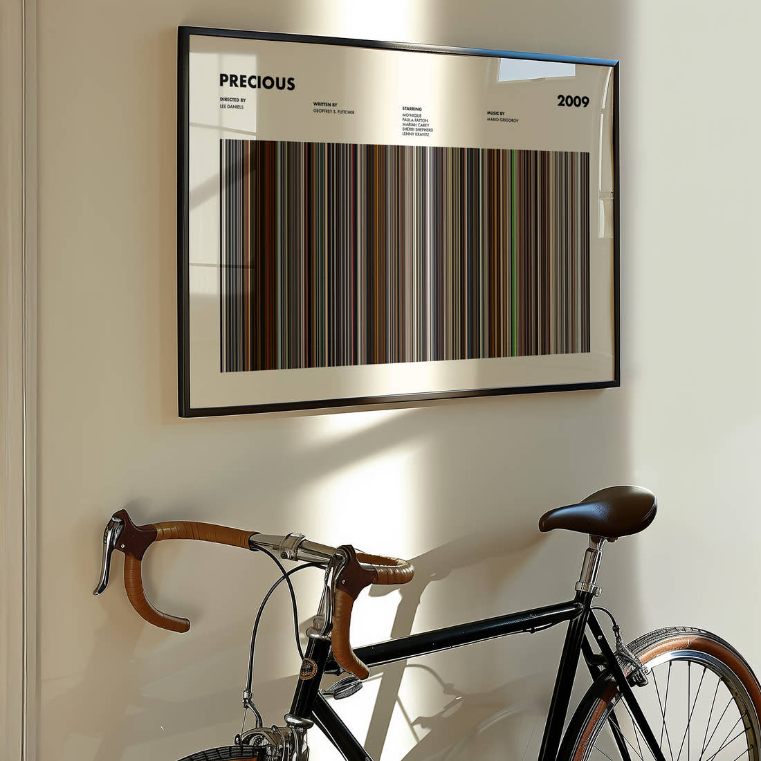 Precious Movie Barcode Poster framed on the wall of a styled room setting
