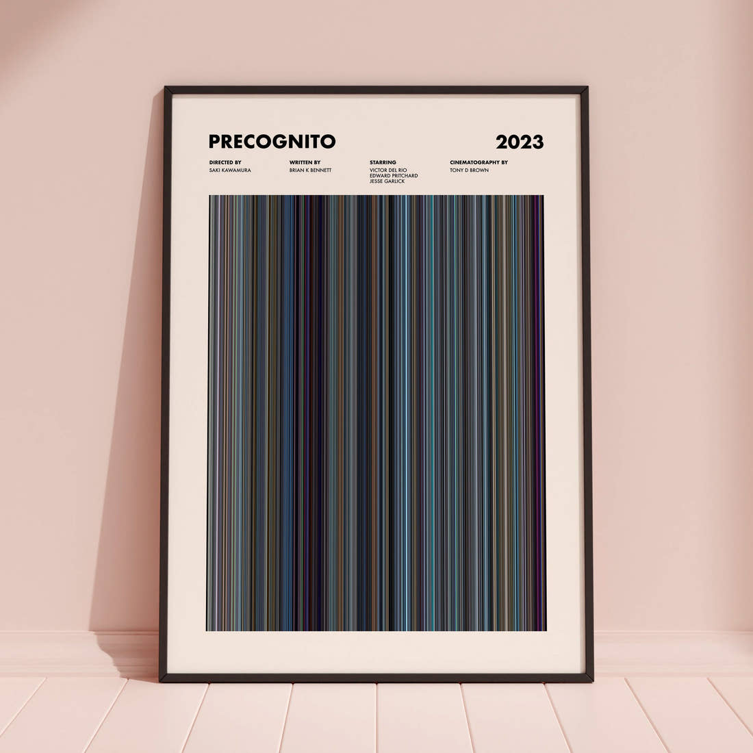 Precognito Movie Barcode Poster framed and leaning against a coloured wall