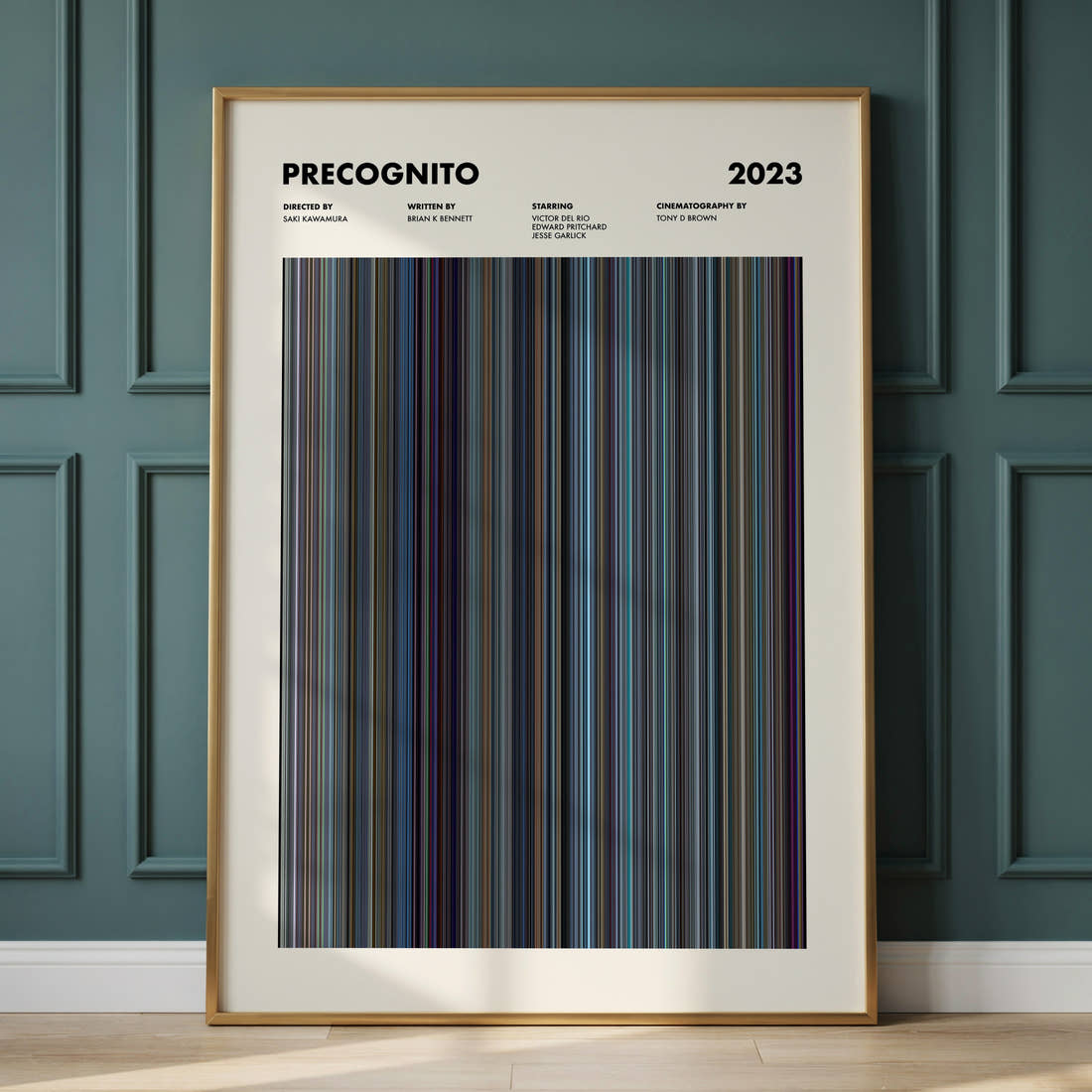 Precognito Movie Barcode Poster framed and leaning against a panelled wall