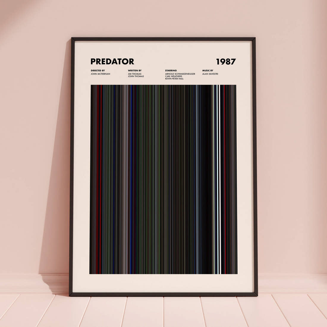 Predator Movie Barcode Poster framed and leaning against a coloured wall