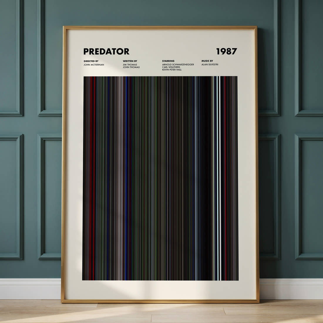 Predator Movie Barcode Poster framed and leaning against a panelled wall