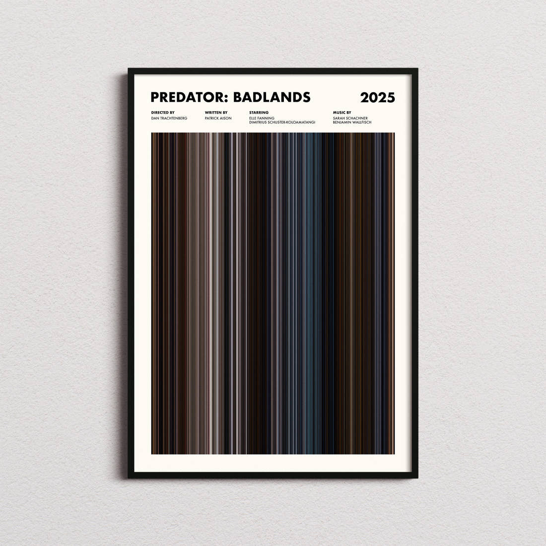 Predator: Badlands Movie Barcode Poster framed on a plain studio wall