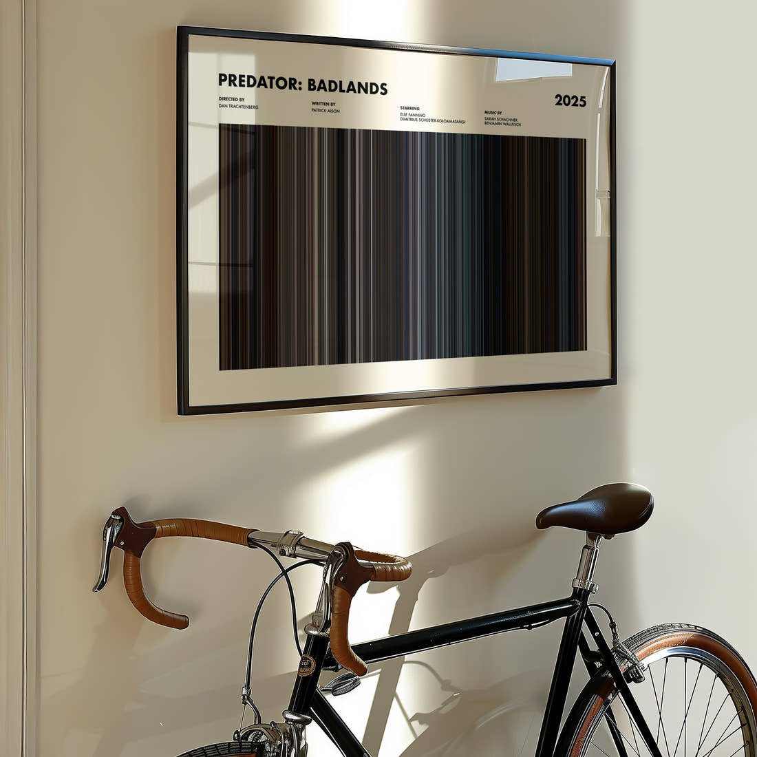 Predator: Badlands Movie Barcode Poster framed on the wall of a styled room setting