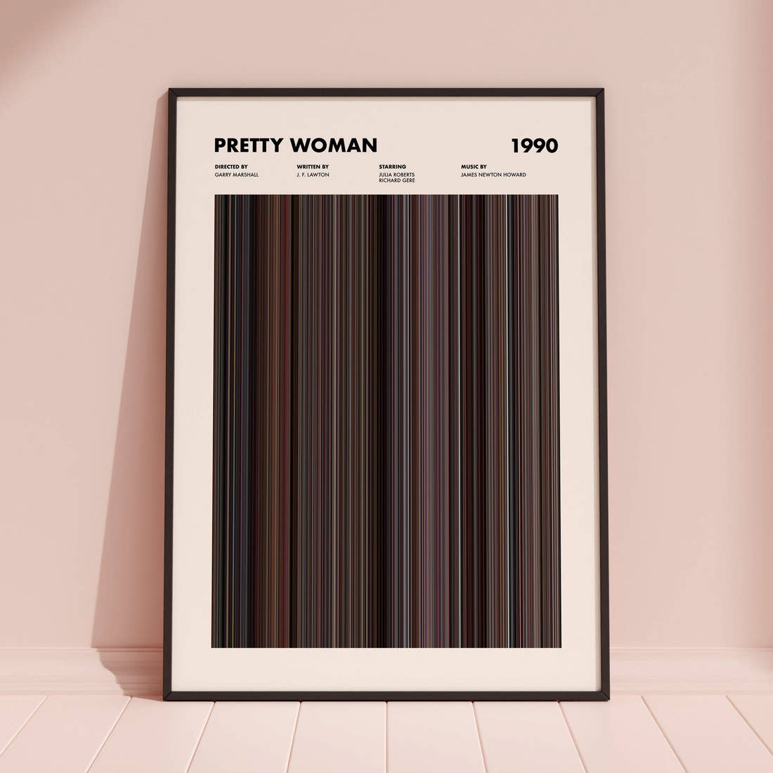 Pretty Woman Movie Barcode Poster framed and leaning against a coloured wall