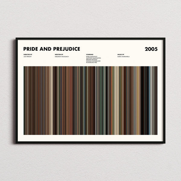 Pride and Prejudice 2005 Movie Barcode Poster framed and photographed straight on
