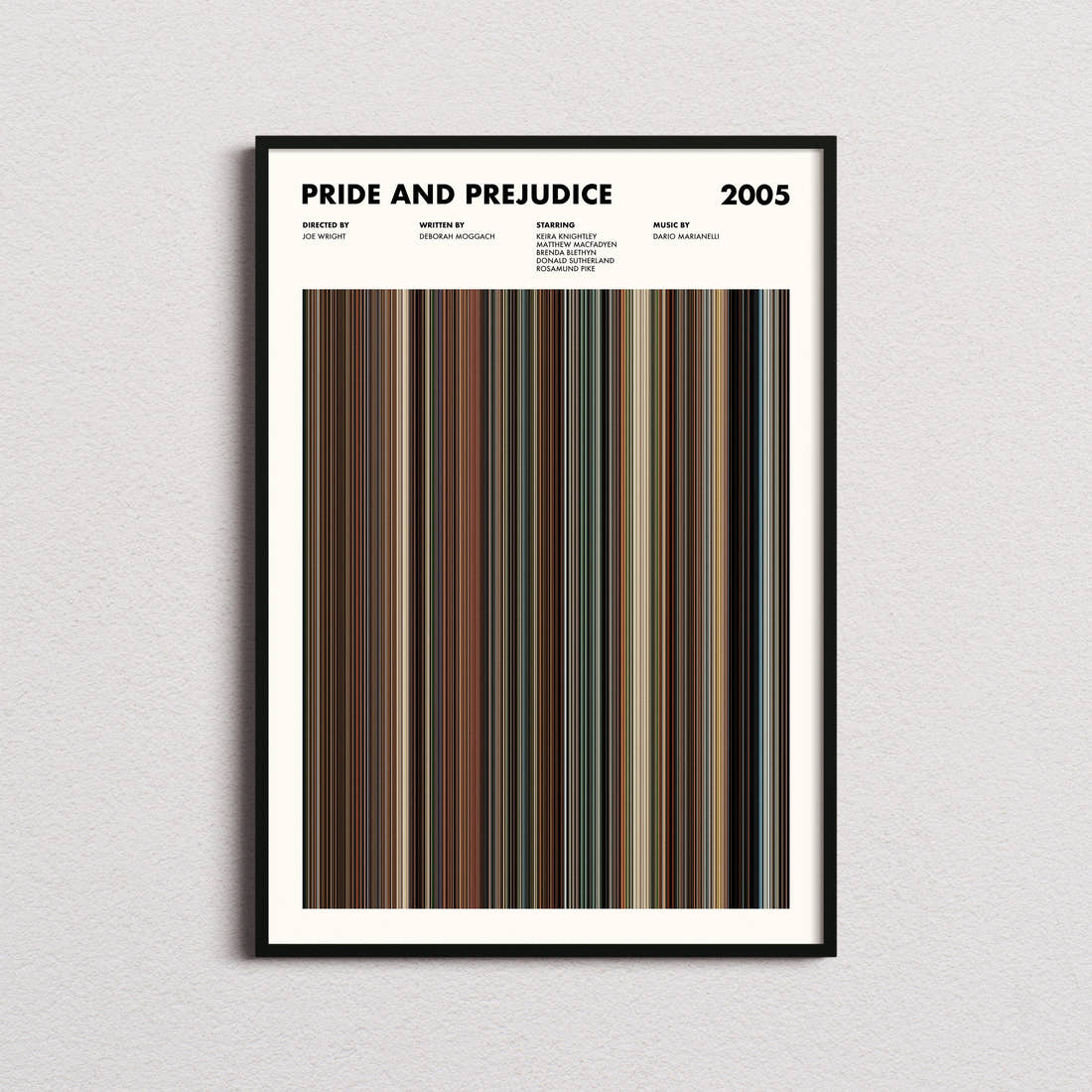 Pride and Prejudice 2005 Movie Barcode Poster framed on a plain studio wall