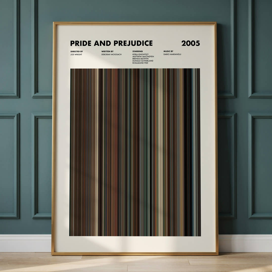 Pride and Prejudice 2005 Movie Barcode Poster framed and leaning against a panelled wall