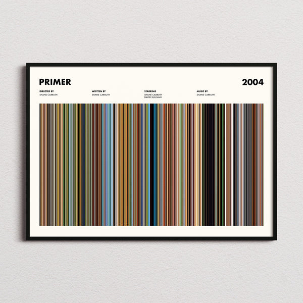 Primer Movie Barcode Poster framed and photographed straight on