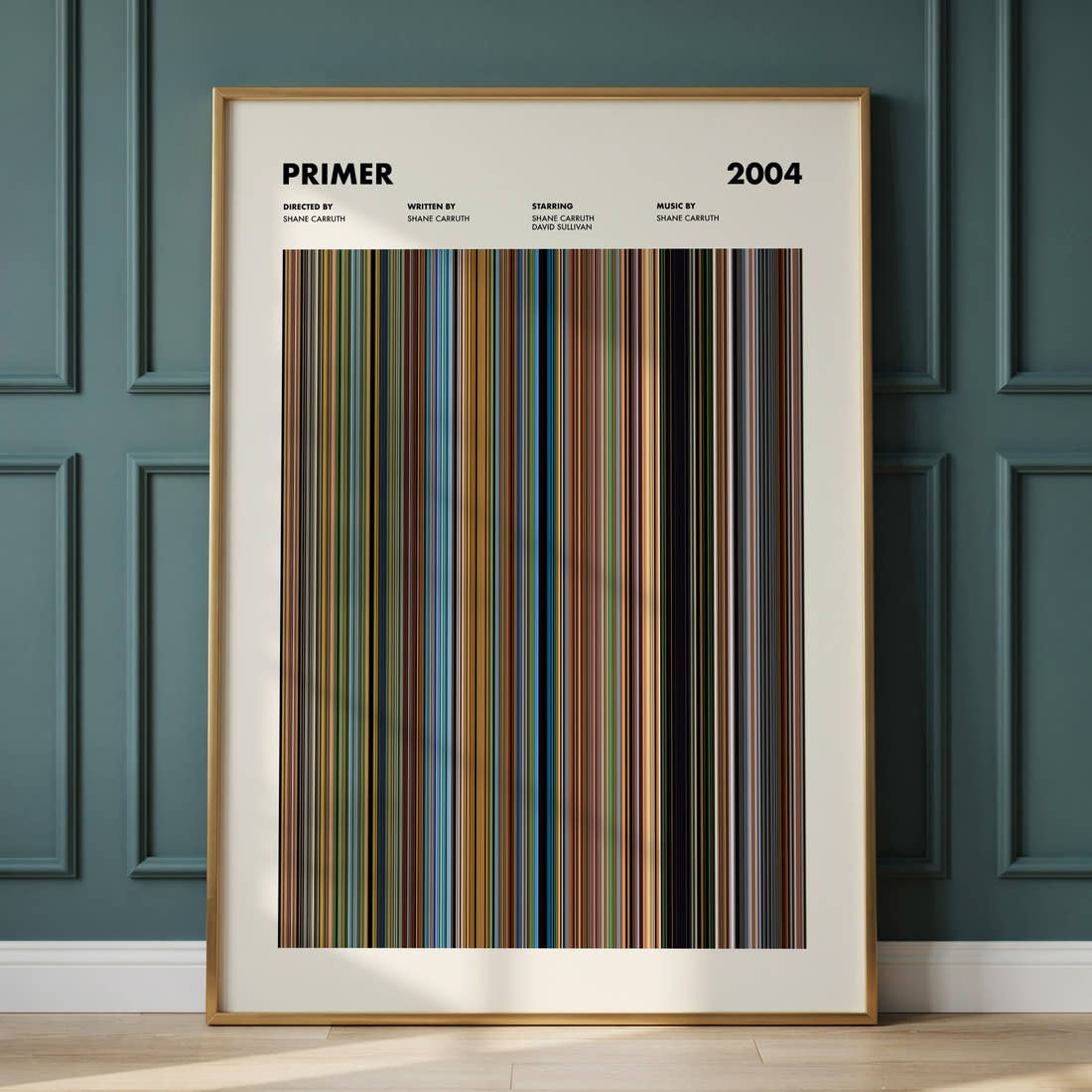 Primer Movie Barcode Poster framed and leaning against a panelled wall