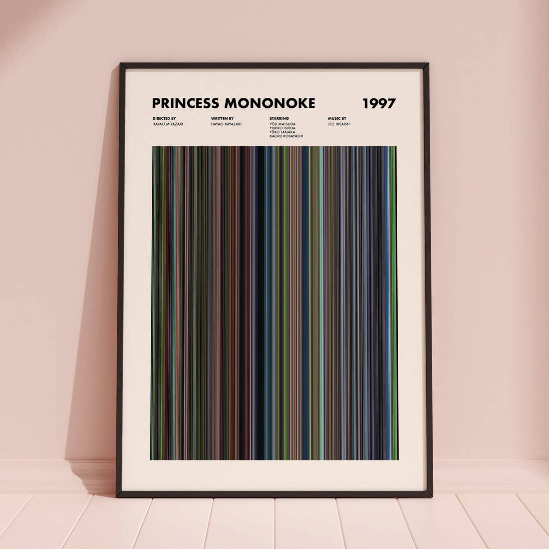 Princess Mononoke Movie Barcode Poster framed and leaning against a coloured wall
