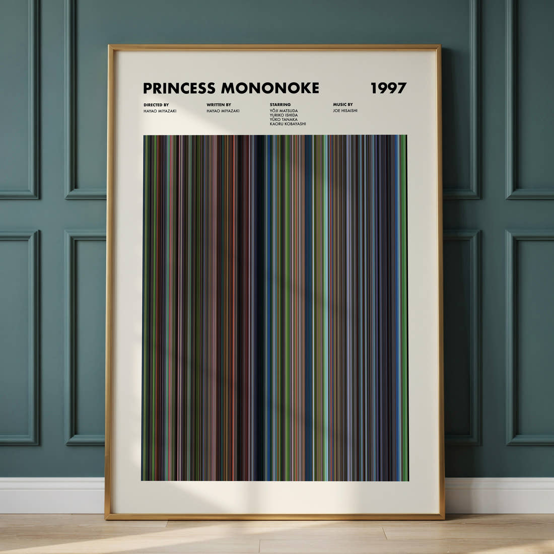 Princess Mononoke Movie Barcode Poster framed and leaning against a panelled wall