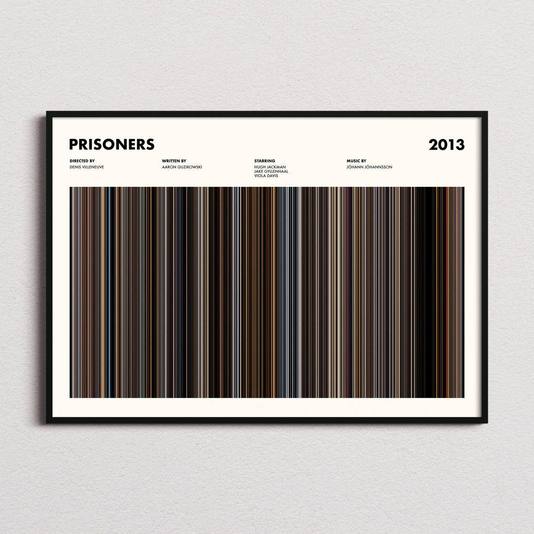 Prisoners Movie Barcode Poster framed and photographed straight on