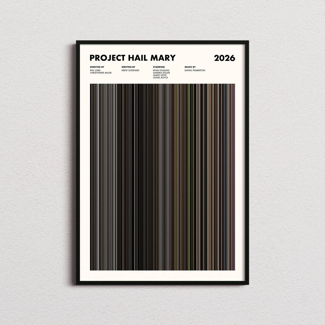Project Hail Mary Movie Barcode Poster framed on a plain studio wall