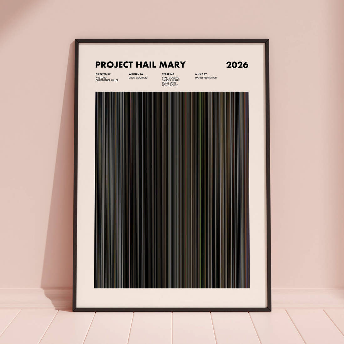 Project Hail Mary Movie Barcode Poster framed and leaning against a coloured wall