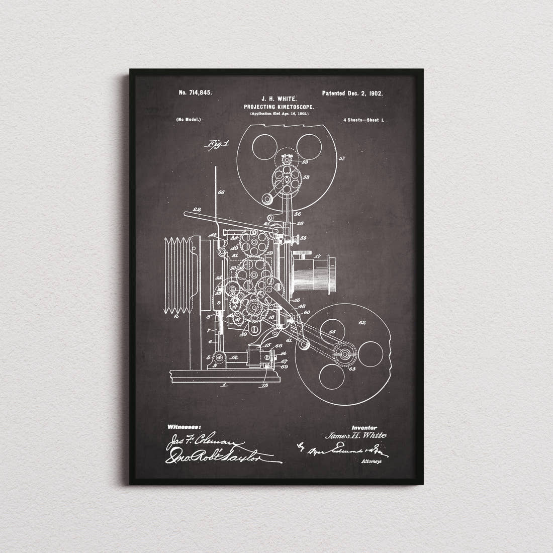 Projecting Kinetoscope Patent Print in the blackboard colourway, framed