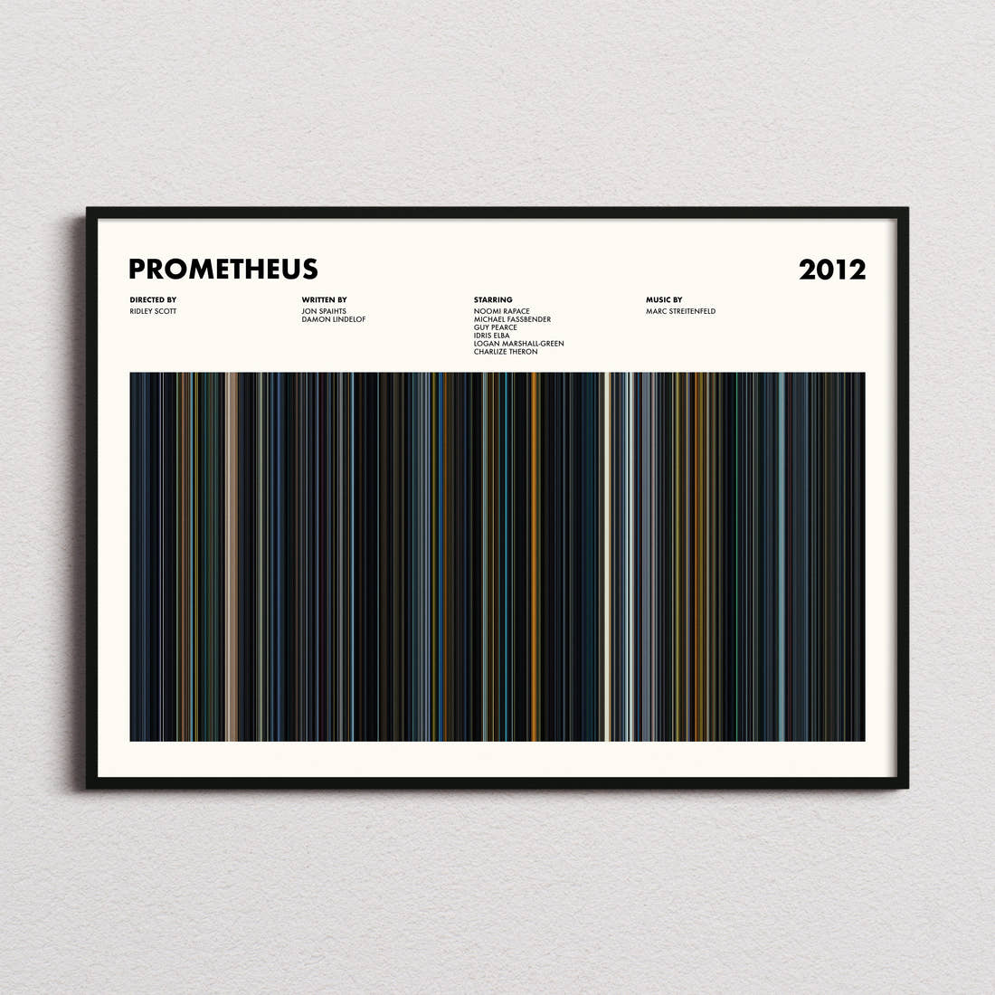 Prometheus Movie Barcode Poster framed and photographed straight on