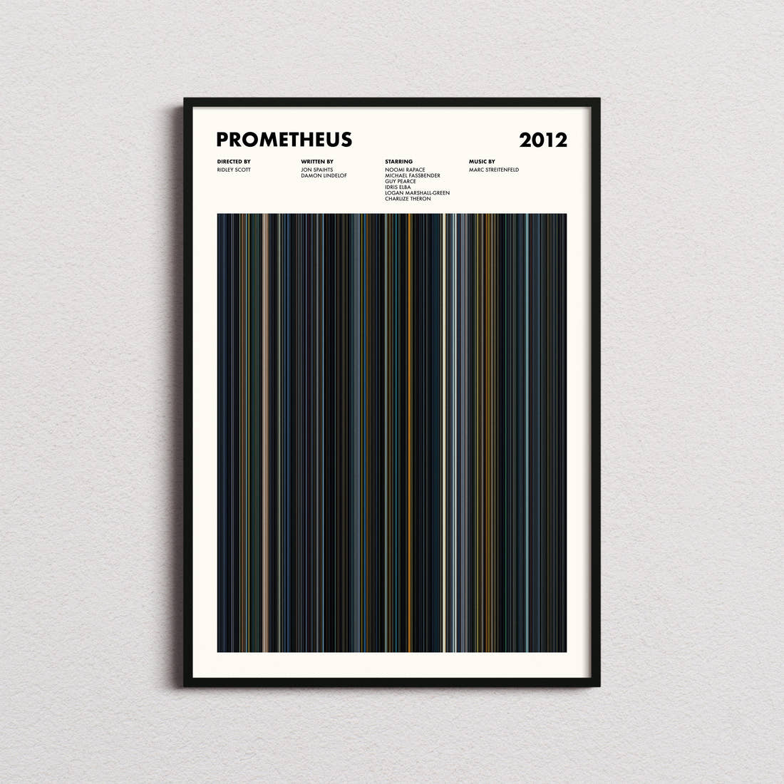Prometheus Movie Barcode Poster framed on a plain studio wall
