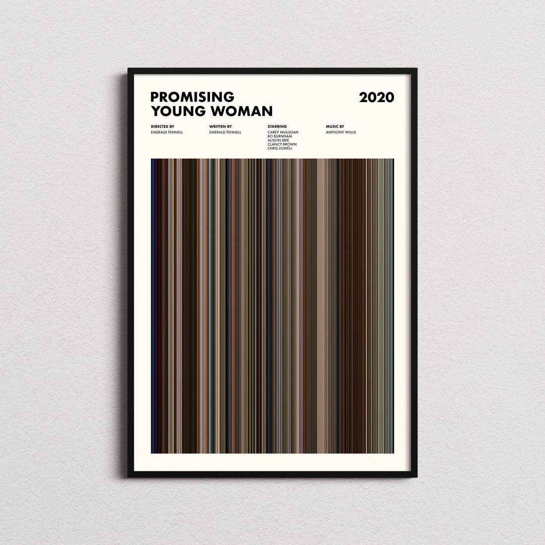 Promising Young Woman Movie Barcode Poster framed on a plain studio wall
