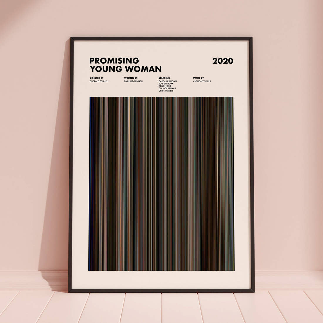 Promising Young Woman Movie Barcode Poster framed and leaning against a coloured wall