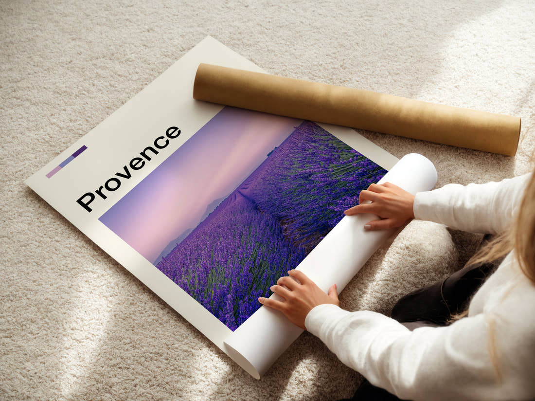 Provence Lavender Field Travel Print being unrolled from its postal tube