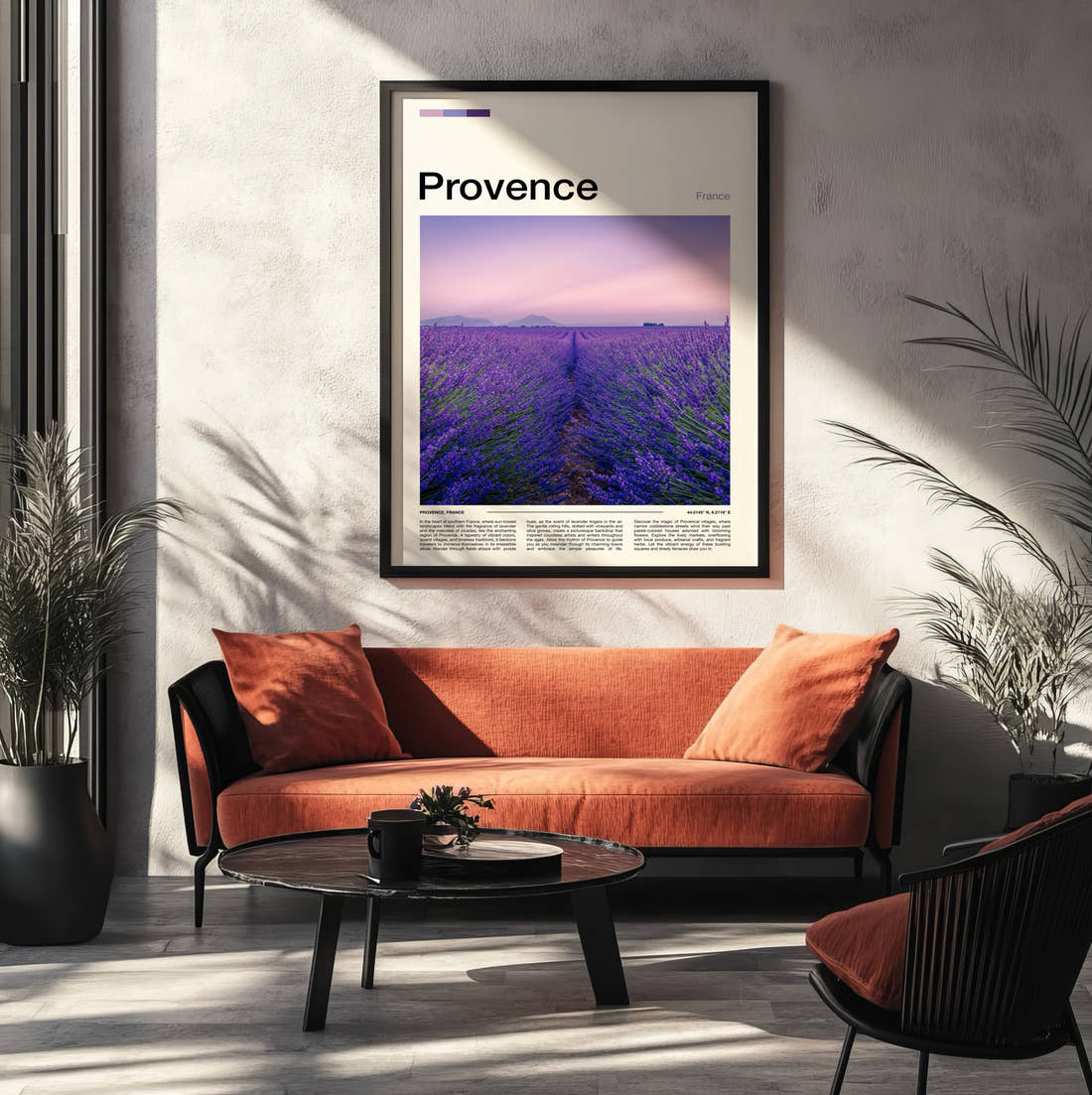 Provence Lavender Field Travel Print framed on the wall of a modern living room