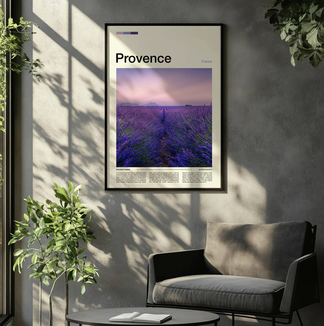 Provence Lavender Field Travel Print framed on the wall of a relaxed living room