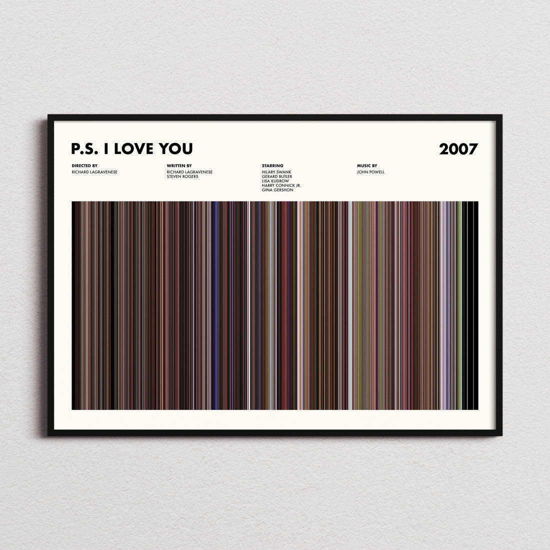 P.S. I Love You Movie Barcode Poster framed and photographed straight on
