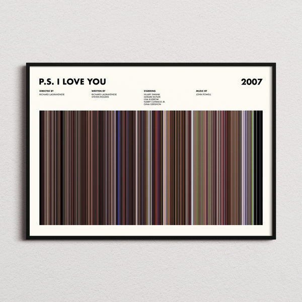 P.S. I Love You Movie Barcode Poster framed and photographed straight on