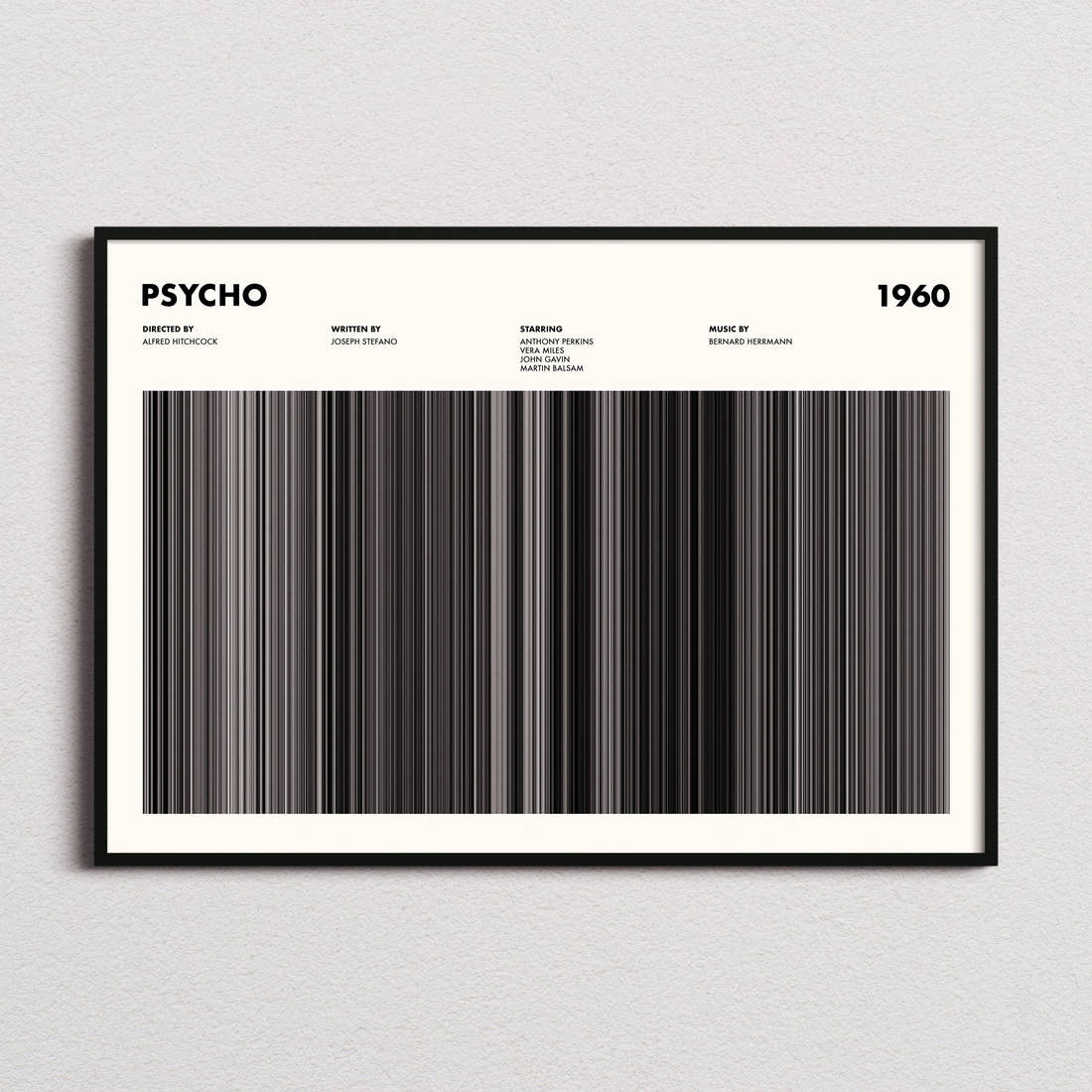Psycho Movie Barcode Poster framed and photographed straight on