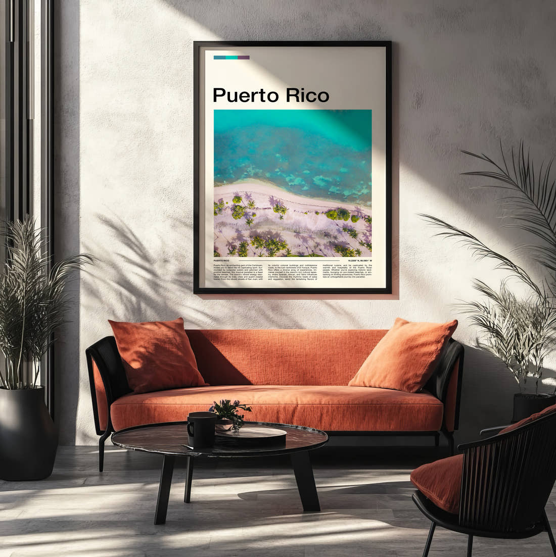 Puerto Rico Turquoise Shallows From Above Travel Print framed on the wall of a modern living room