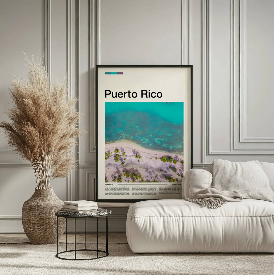 Puerto Rico Turquoise Shallows From Above Travel Print framed on the wall of a calm, neutral bedroom
