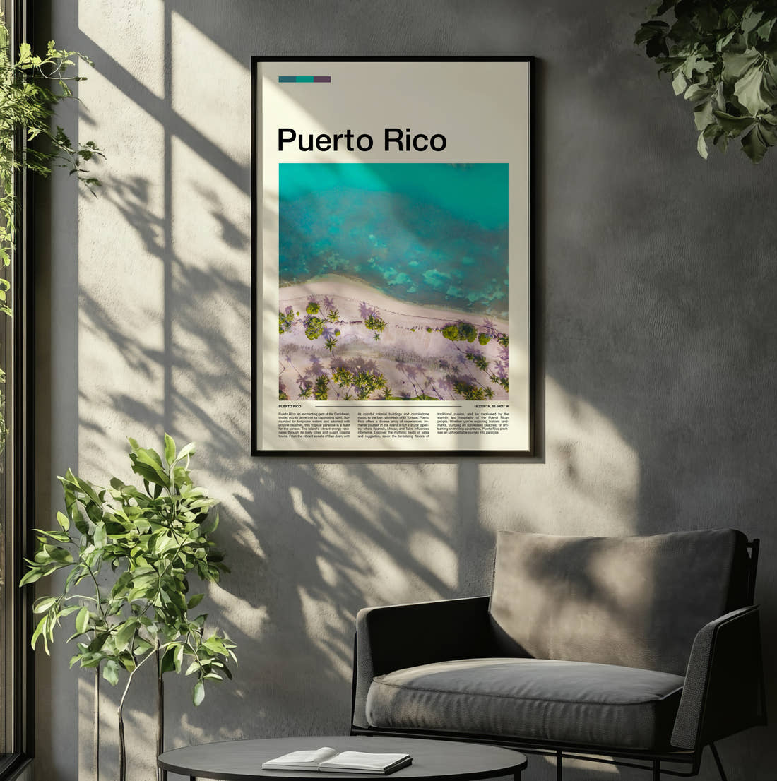 Puerto Rico Turquoise Shallows From Above Travel Print framed on the wall of a relaxed living room